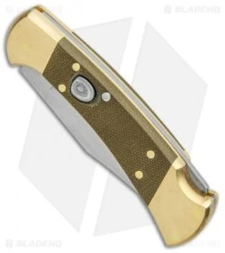Buck Knives -Buck Knives Buck 112 Exclusive Auto OD Green Micarta Polished Brass Satin 0112GRSABHQ B BHQ 101545 jr spine 1 2